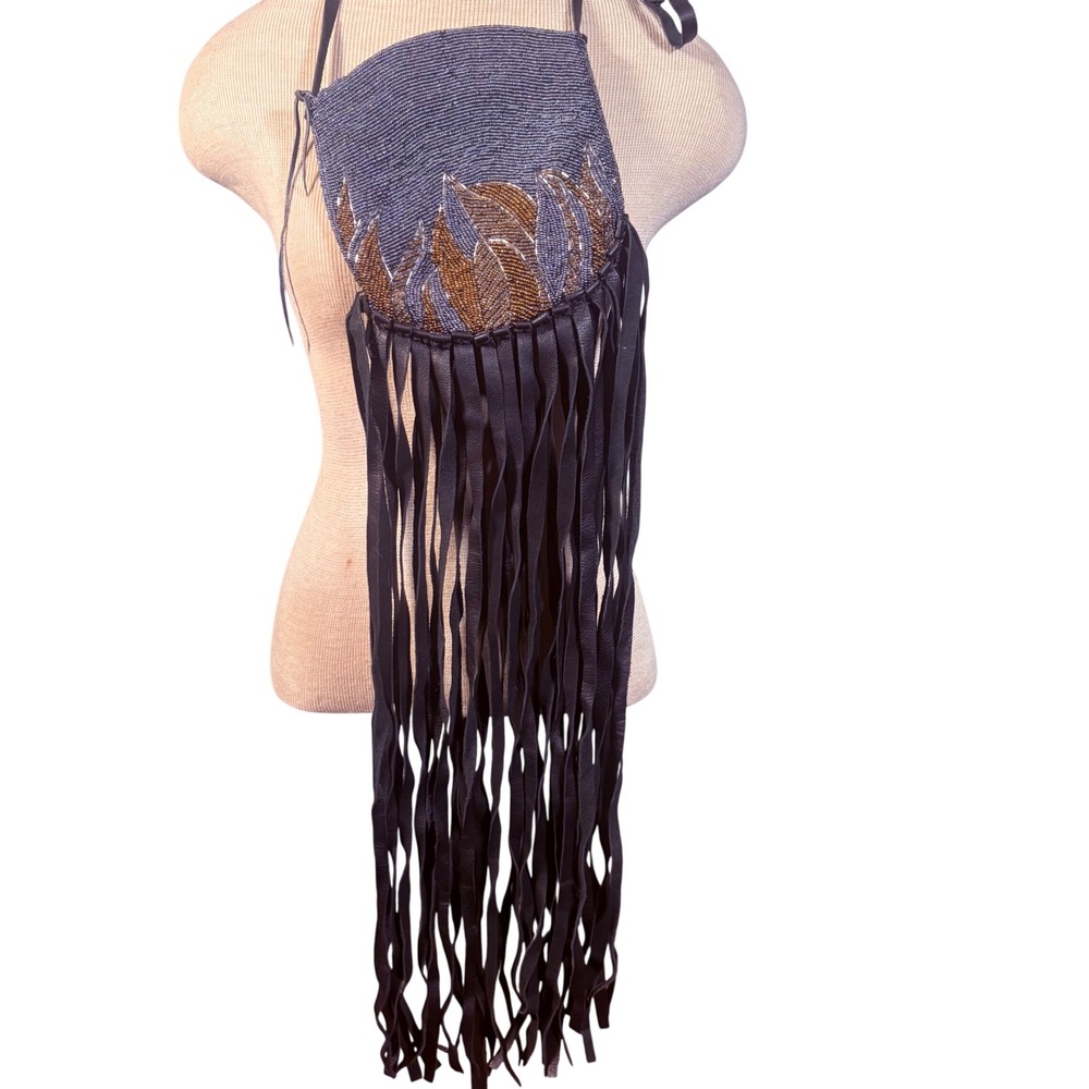 MAME Bespoke Reworked Vintage Beaded Crossbody‎ Bag w 24”Leather Fringe firm